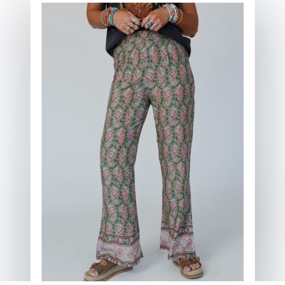 Three Bird Nest Floral Wide Leg Pants - Green and Pink NWT
